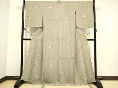 平和屋着物▽上質な小紋　単衣　椿　鬼しぼ縮緬　正絹　逸品　DAAR5358du