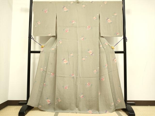 平和屋着物▽上質な小紋　単衣　椿　鬼しぼ縮緬　正絹　逸品　DAAR5358du