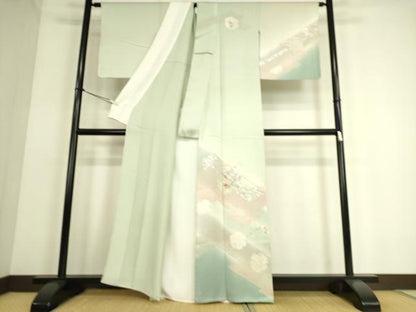 平和屋着物▽訪問着 単衣 刺繍 雪輪花文 銀彩 正絹 逸品 DAAS0070az