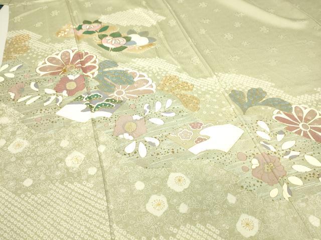 平和屋着物▽訪問着　単衣　駒刺繍　絞り　吉祥花文　金彩　正絹　逸品　DAAS0088az