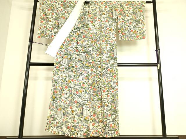 平和屋着物▽上質な小紋 単衣 型染 吉祥花文 正絹 逸品 DAAS0104az