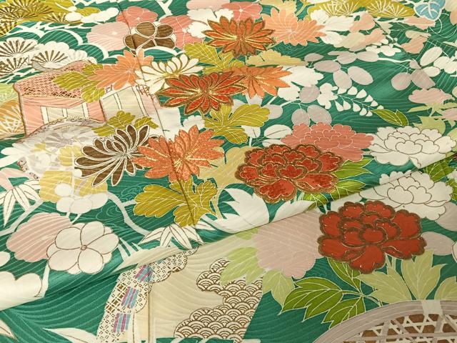 平和屋着物●創業460年・千總　振袖　駒刺繍　御所車飛鶴花文　金糸　金彩　正絹　逸品　AAAT9462np