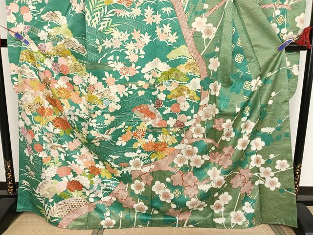 平和屋着物●創業460年・千總　振袖　駒刺繍　御所車飛鶴花文　金糸　金彩　正絹　逸品　AAAT9462np