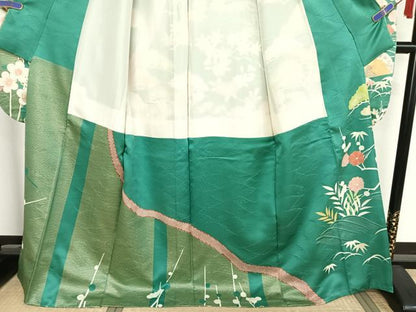 平和屋着物●創業460年・千總　振袖　駒刺繍　御所車飛鶴花文　金糸　金彩　正絹　逸品　AAAT9462np