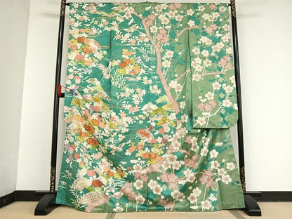 平和屋着物●創業460年・千總　振袖　駒刺繍　御所車飛鶴花文　金糸　金彩　正絹　逸品　AAAT9462np