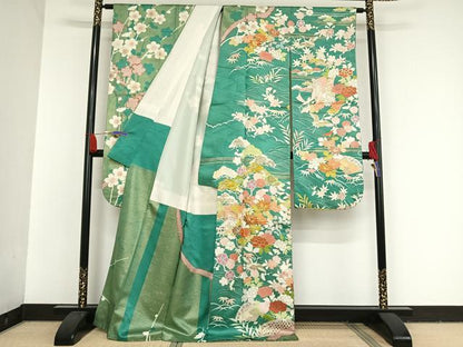 平和屋着物●創業460年・千總　振袖　駒刺繍　御所車飛鶴花文　金糸　金彩　正絹　逸品　AAAT9462np