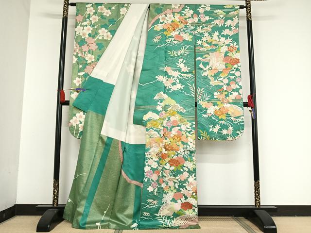 平和屋着物●創業460年・千總　振袖　駒刺繍　御所車飛鶴花文　金糸　金彩　正絹　逸品　AAAT9462np