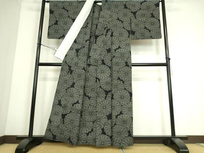 平和屋着物▽本塩沢 単衣 菊尽くし 黒地 正絹 逸品 DAAS0143az