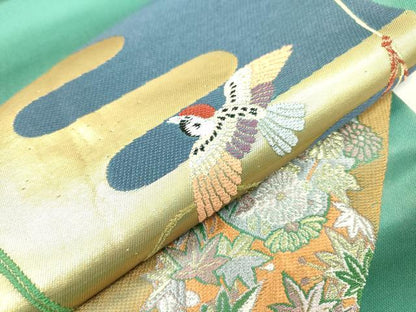 平和屋着物●世界的人形師　辻村寿三郎　ジュサブロー　全通柄袋帯　色紙花鳥文　金糸　正絹　逸品　DAAR8913fe