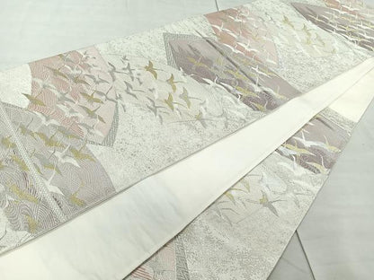 平和屋着物◎六通柄袋帯 地紙群鶴 金銀糸 正絹 逸品 CAAR1692nb