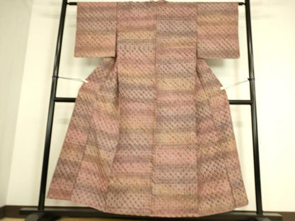 平和屋着物▽上質な小紋 単衣 紬地 蜘蛛絞り 横段文 正絹 逸品 DAAS0293az