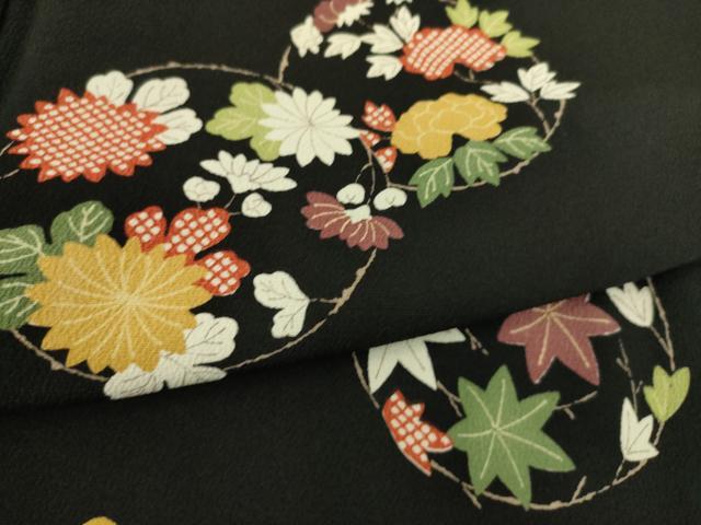 平和屋着物▽上質な小紋 単衣 吉祥花丸文 黒地 正絹 逸品 DAAS0204az