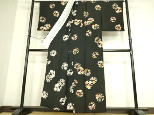 平和屋着物▽上質な小紋 単衣 吉祥花丸文 黒地 正絹 逸品 DAAS0204az