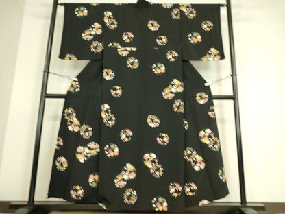 平和屋着物▽上質な小紋 単衣 吉祥花丸文 黒地 正絹 逸品 DAAS0204az