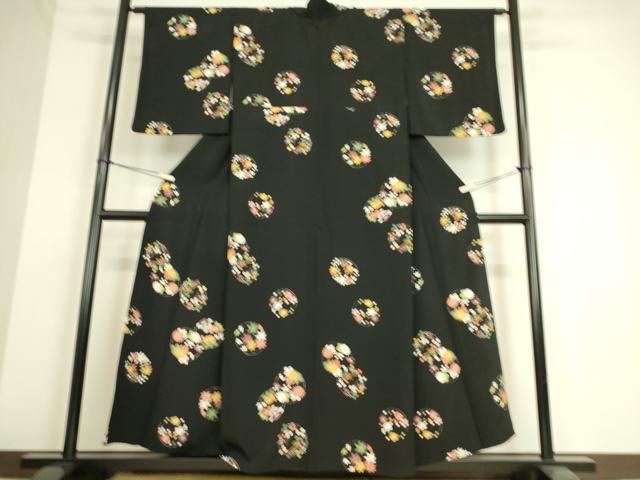 平和屋着物▽上質な小紋 単衣 吉祥花丸文 黒地 正絹 逸品 DAAS0204az