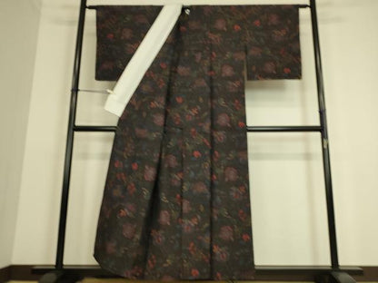 平和屋着物▽小千谷紬 　単衣　 更紗花文　正絹　逸品　未使用　DAAS0213az
