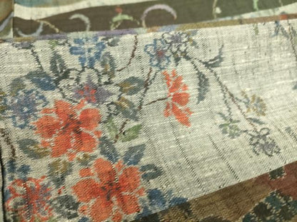 平和屋着物▽小千谷紬　単衣　横段花文　正絹　逸品　DAAS0238az
