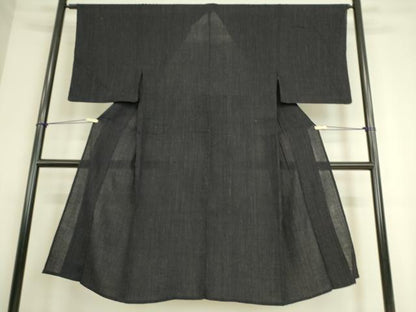 平和屋着物▽男性 紬 単衣 縮織 縞 黒地 正絹 逸品 DAAS0245az