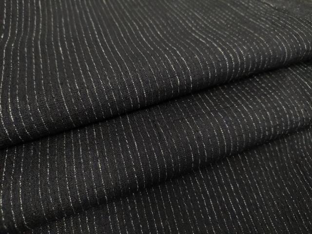 平和屋着物▽男性 紬 単衣 縮織 縞 黒地 正絹 逸品 DAAS0245az