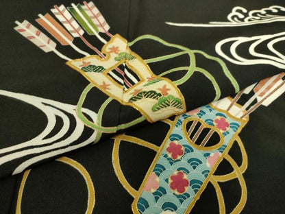 平和屋着物▽豪華黒留袖　単衣　駒刺繍　友禅　矢羽流水文　金彩　正絹　逸品　DAAS0281az