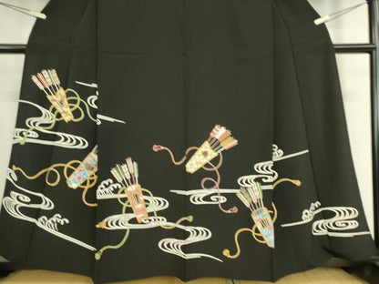平和屋着物▽豪華黒留袖　単衣　駒刺繍　友禅　矢羽流水文　金彩　正絹　逸品　DAAS0281az
