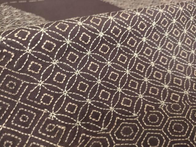 平和屋着物▽上質な紬　単衣　総刺繍　刺し子　吉祥柄　正絹　逸品　DAAS0280az