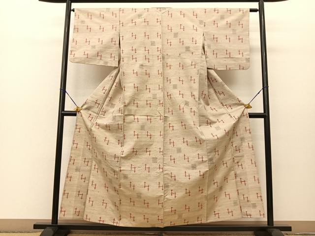 平和屋着物▽上質な紬 単衣 幾何学文様 正絹 逸品 BAAS8191yc