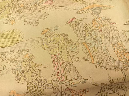 平和屋着物▽本場染大島紬 単衣 平安人物風景文 反端付き 正絹 逸品 BAAS8193yc