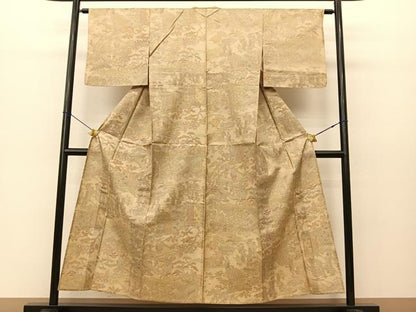平和屋着物▽本場染大島紬 単衣 平安人物風景文 反端付き 正絹 逸品 BAAS8193yc
