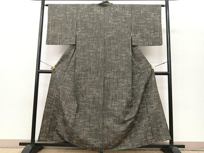 平和屋着物▽上質な紬 単衣 積志野紬 流水文 黒地 金彩 正絹 逸品 BAAT0601yc