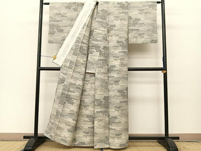 平和屋着物▽上質な紬 単衣 100亀甲 ヱ霞風景花文 正絹 逸品 BAAS8199yc