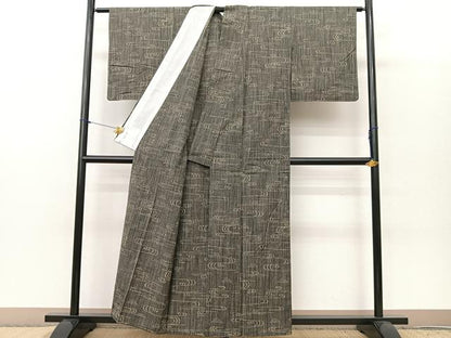 平和屋着物▽上質な紬 単衣 積志野紬 流水文 黒地 金彩 正絹 逸品 BAAT0601yc