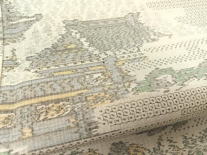 平和屋着物▽上質な紬 単衣 100亀甲 ヱ霞風景花文 正絹 逸品 BAAS8199yc