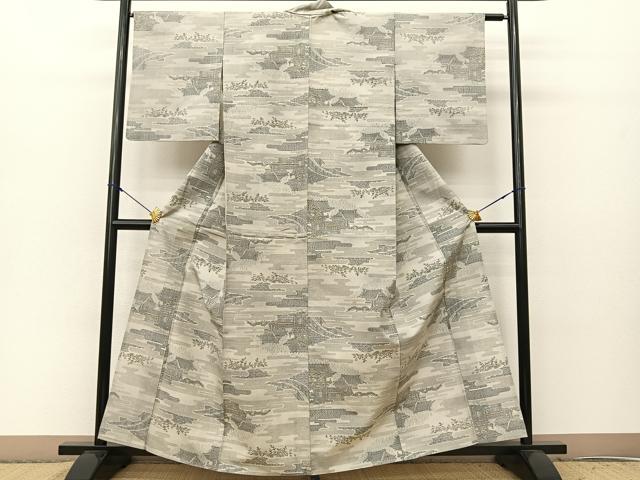 平和屋着物▽上質な紬 単衣 100亀甲 ヱ霞風景花文 正絹 逸品 BAAS8199yc