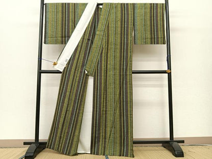 平和屋着物▽上質な紬 単衣 縞 ますいわ屋扱い 正絹 逸品 未使用 BAAT0606yc