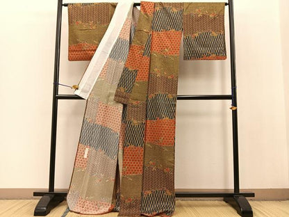 平和屋着物▽日本のきもの研究家　三田村環　小紋　単衣　ふくれ織り　吉祥花文　金彩　ロング丈　正絹　逸品　BAAT0617yc