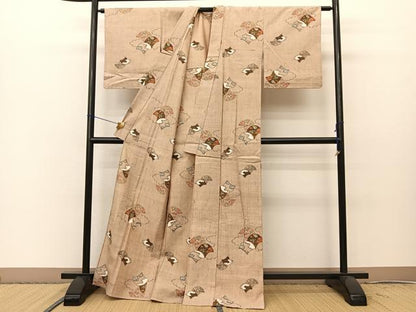 平和屋着物▽上質な紬 　単衣　扇面風景花文 　正絹　逸品　未使用　BAAT0614yc