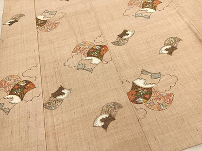 平和屋着物▽上質な紬 　単衣　扇面風景花文 　正絹　逸品　未使用　BAAT0614yc