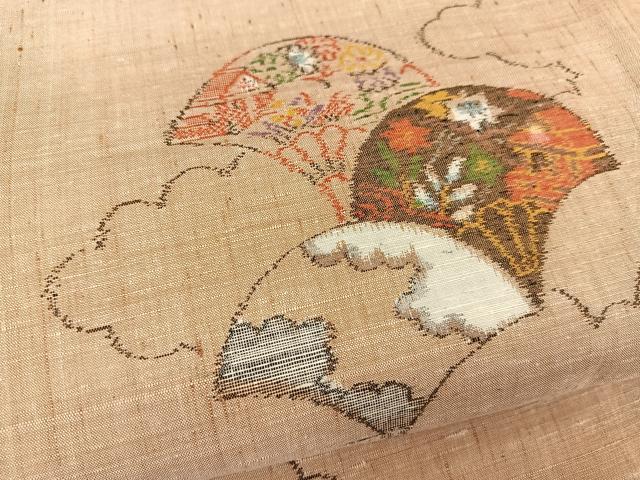 平和屋着物▽上質な紬 　単衣　扇面風景花文 　正絹　逸品　未使用　BAAT0614yc