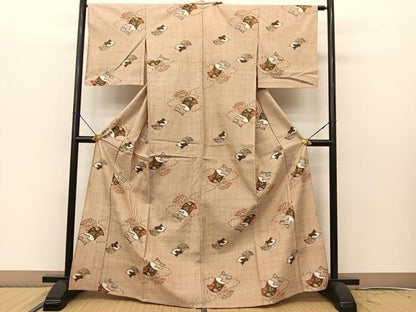 平和屋着物▽上質な紬 　単衣　扇面風景花文 　正絹　逸品　未使用　BAAT0614yc