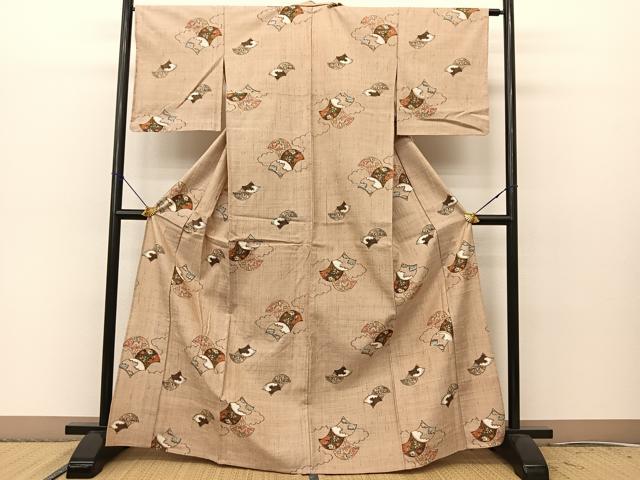 平和屋着物▽上質な紬 　単衣　扇面風景花文 　正絹　逸品　未使用　BAAT0614yc