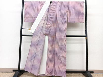 平和屋着物▽上質な小紋　単衣　紬地　変わり縞　暈し染め　正絹　逸品　BAAT0611yc