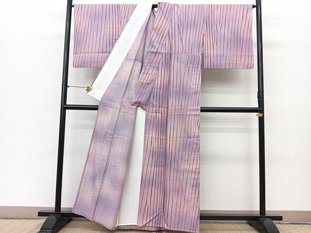 平和屋着物▽上質な小紋　単衣　紬地　変わり縞　暈し染め　正絹　逸品　BAAT0611yc