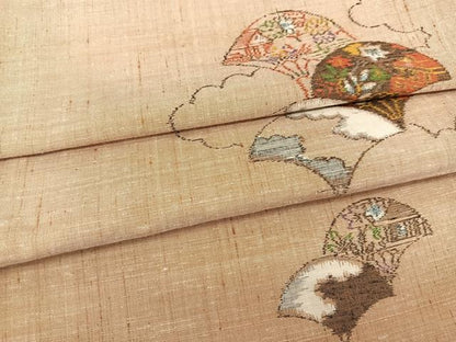 平和屋着物▽上質な紬 　単衣　扇面風景花文 　正絹　逸品　未使用　BAAT0614yc