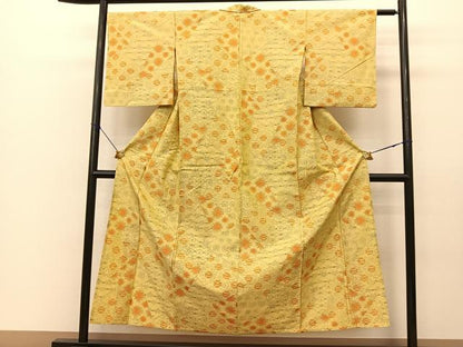 平和屋着物▽上質な紬　単衣　切り嵌め花唐草文　正絹　逸品　BAAT0612yc