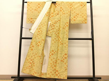 平和屋着物▽上質な紬　単衣　切り嵌め花唐草文　正絹　逸品　BAAT0612yc