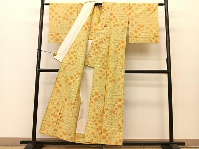 平和屋着物▽上質な紬　単衣　切り嵌め花唐草文　正絹　逸品　BAAT0612yc
