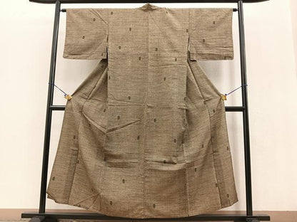 平和屋着物▽結城紬　単衣　幾何学文様　証紙付き　正絹　逸品　BAAT0621yc