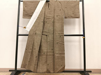 平和屋着物▽結城紬　単衣　幾何学文様　証紙付き　正絹　逸品　BAAT0621yc