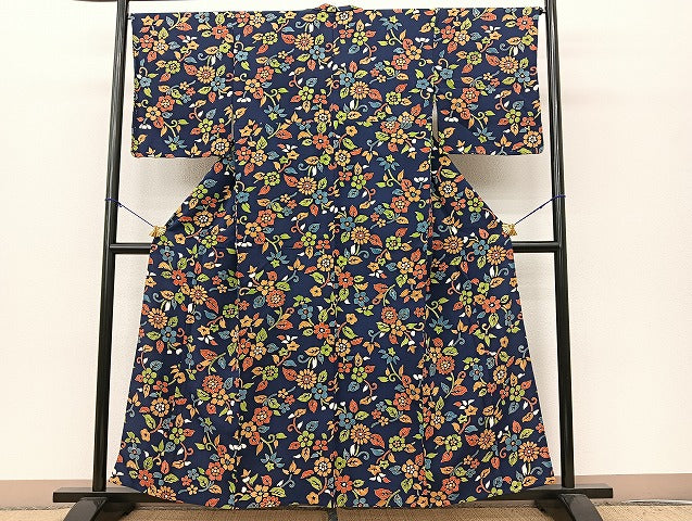 平和屋着物▽上質な小紋　単衣　花唐草文　正絹　逸品　未使用　BAAS8182yc